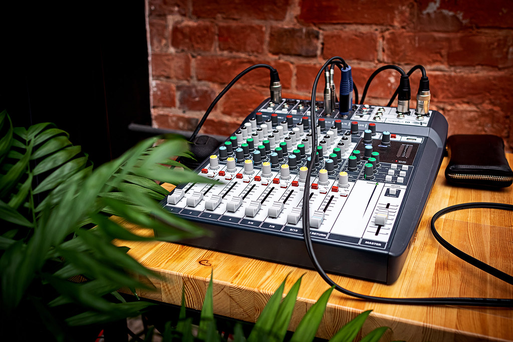 Studio sound mixer close-up for radio and audio production