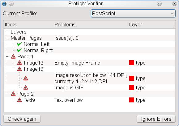 Preflight verifier panel showing empty image frame, low image resolution, GIF image, and text overflow warnings before print export