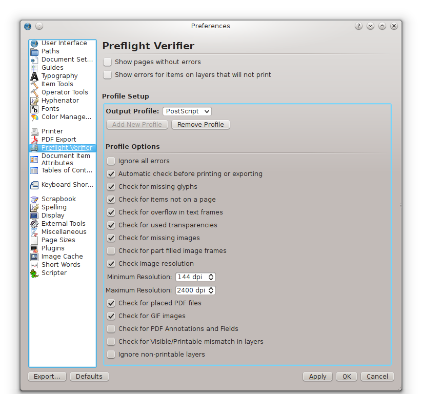 Preflight verifier settings panel showing checks for missing glyphs, text overflow, transparency, missing images, and image resolution before printing or PDF export